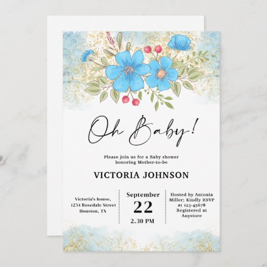 Blue Floral Baby Shower 招待状 (正面/裏面)