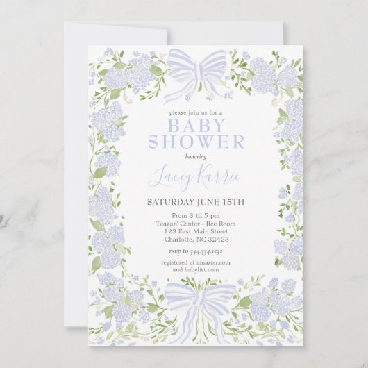 Blue Floral Baby Shower Invitation,  招待状 (正面)