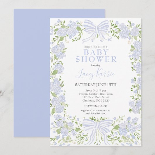 Blue Floral Baby Shower Invitation,  招待状 (正面/裏面)