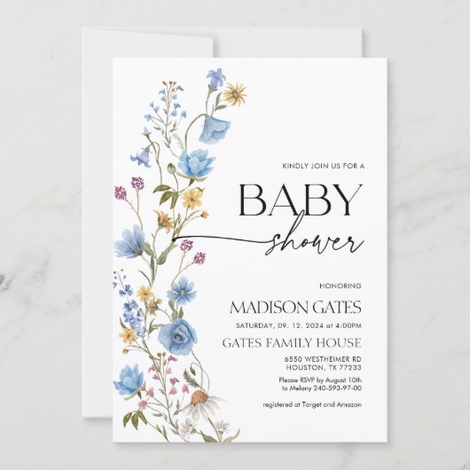 Blue Floral Baby Shower Invitation  招待状 (正面)
