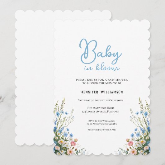 Blue Floral Baby Shower invitation, Baby in Bloom 招待状 (正面/裏面)