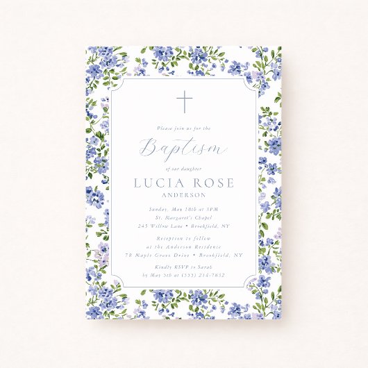 Blue Floral Baptism Invitation for Girl 招待状