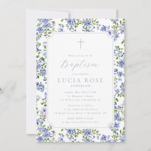 Blue Floral Baptism Invitation for Girl 招待状 (正面)