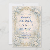 Blue Floral Baroque Frame 90th Birthday 招待状 (正面)