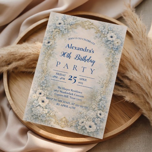 Blue Floral Baroque Frame 90th Birthday 招待状