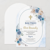 Blue Floral Bautizo Spanish Invitation 招待状 (正面/裏面)