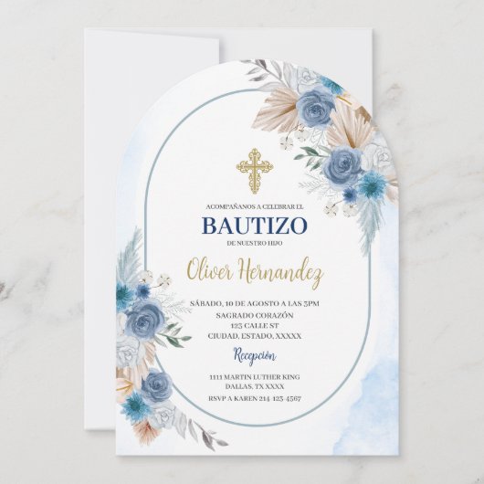 Blue Floral Bautizo Spanish Invitation 招待状 (正面)