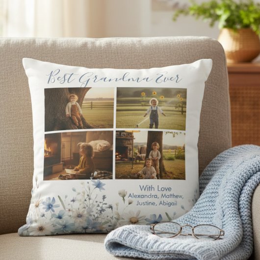 Blue Floral Best Grandma Ever Picture Gift クッション