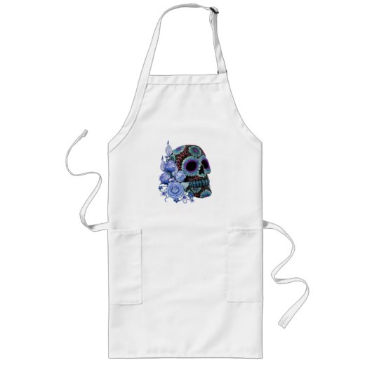Blue Floral Black Sugar Skull Day Of The Dead ロングエプロン (正面)