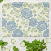 Blue Floral Block Print w Blue Stripes キッチンタオル (折り畳み)