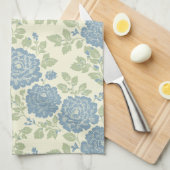 Blue Floral Block Print w Blue Stripes キッチンタオル (四つ折り)