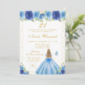 Blue Floral Blonde Hair Princess Birthday Party 招待状 (スタンド正面)