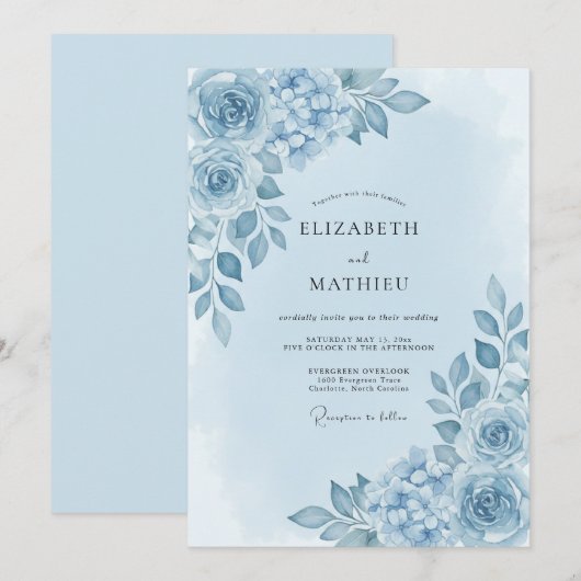 Blue Floral Bloom Wedding 招待状 (正面/裏面)