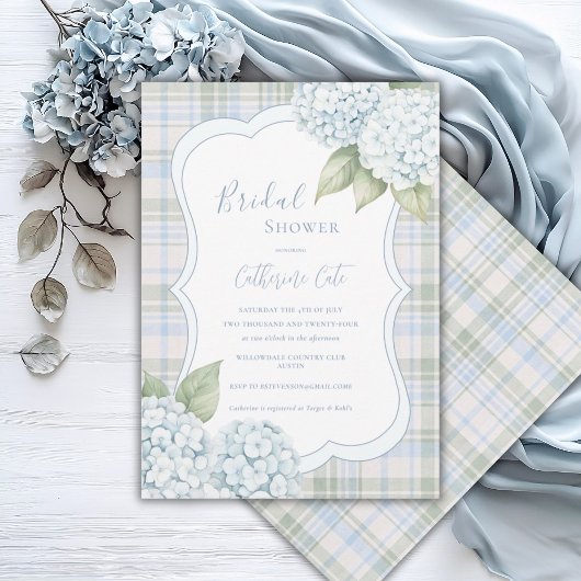 Blue Floral Blue Hydrangea Plaid Bridal Shower  招待状