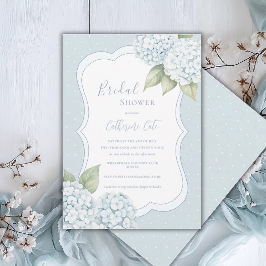 Blue Floral Blue Hydrangea Polkadot Bridal Shower 招待状