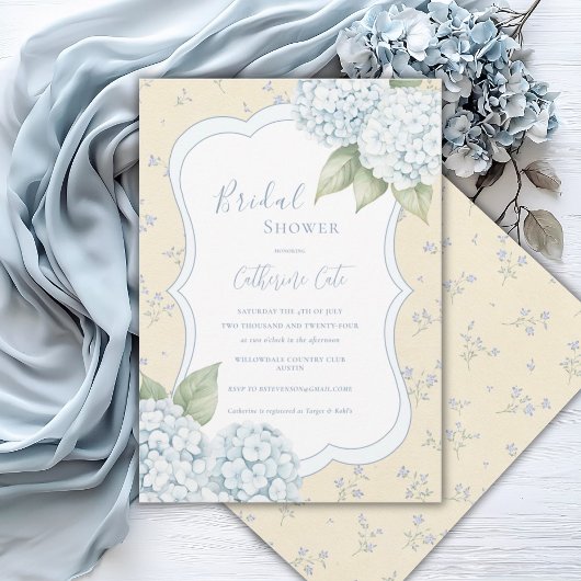 Blue Floral Blue Hydrangea Yellow Bridal Shower  招待状