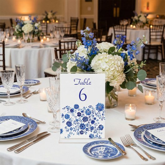 Blue Floral Border Wedding Table Number Card 招待状
