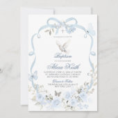 Blue Floral Bow Coquette Dove Baptism 招待状 (正面)