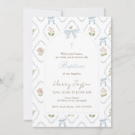 Blue Floral Bow Elegant Christian Girl Baptism 招待状