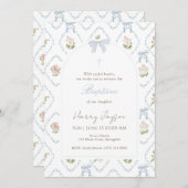 Blue Floral Bow Elegant Christian Girl Baptism 招待状 (正面/裏面)