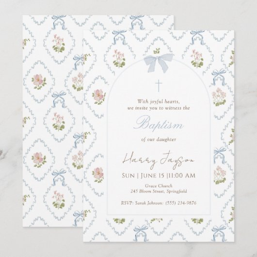 Blue Floral Bow Elegant Christian Girl Baptism 招待状 (正面/裏面)