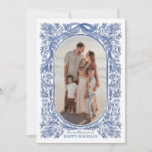 Blue Floral & Bow Holiday Photo Card 招待状 (正面)