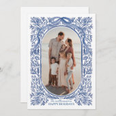Blue Floral & Bow Holiday Photo Card 招待状 (正面/裏面)