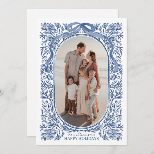 Blue Floral & Bow Holiday Photo Card 招待状 (正面/裏面)
