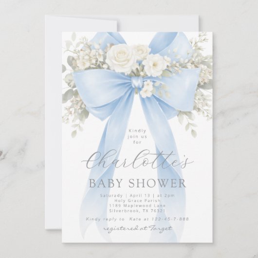 Blue Floral Bow It's a Boy Baby Shower 招待状 (正面)