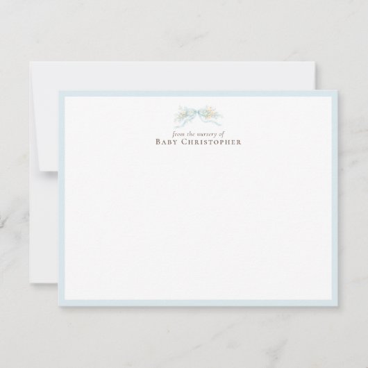 Blue Floral Bow Nursery Note Card – Personalized ノートカード (正面)