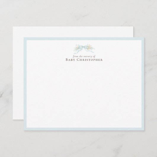 Blue Floral Bow Nursery Note Card – Personalized ノートカード (正面/裏面)