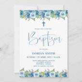 Blue Floral Boy Baptism invitation 招待状 (正面)