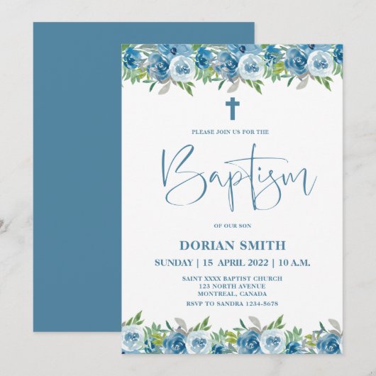 Blue Floral Boy Baptism invitation 招待状 (正面/裏面)