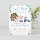 Blue Floral Boy Twins Barn Tractor Farm Birthday 招待状 (スタンド正面)