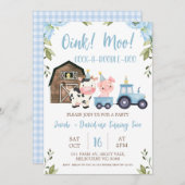 Blue Floral Boy Twins Barn Tractor Farm Birthday 招待状 (正面/裏面)