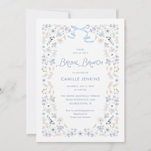 Blue Floral Bridal Brunch with Bow 招待状 (正面)