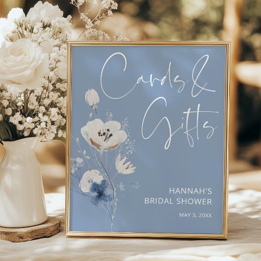 Blue Floral Bridal Shower Cards and Gifts Sign ポスター