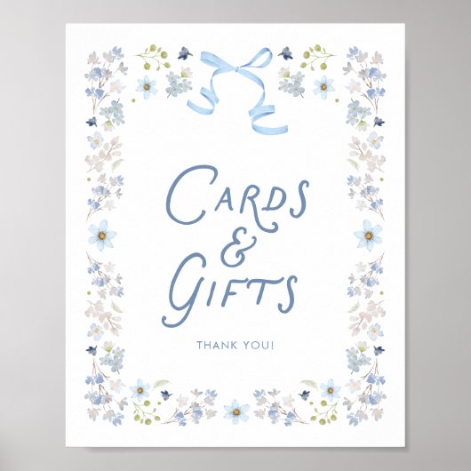 Blue Floral Bridal Shower Cards and Gifts Sign ポスター (正面)