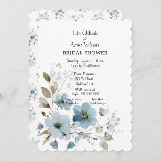 Blue Floral Bridal Shower Invitation シーズンカード (正面/裏面)