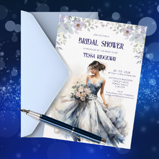 Blue Floral Bridal Shower Invitation 招待状