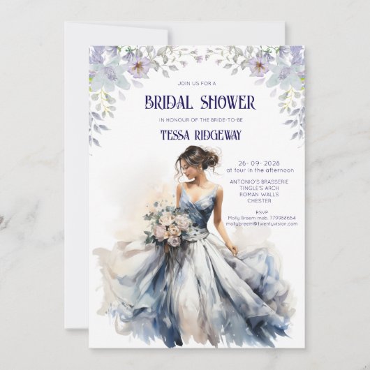 Blue Floral Bridal Shower Invitation 招待状 (正面)