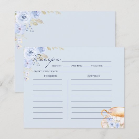 Blue Floral Bridal Shower Recipe Card  (正面/裏面)