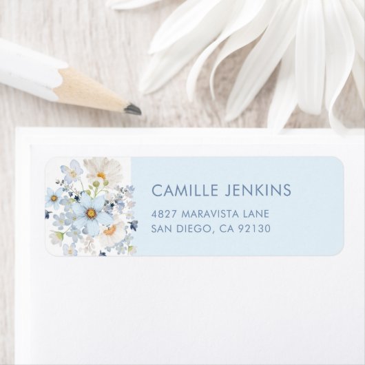 Blue Floral Bridal Shower Return Address Label ラベル (インサイチュ)