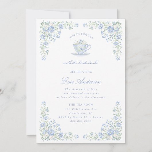 Blue Floral Bridal Tea Party 招待状 (正面)