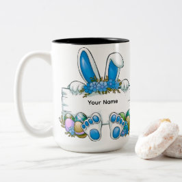 Blue Floral Bunny Ears Easter Name Sign Graphic ツートーンマグカップ