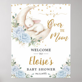 Blue Floral Bunny Rabbit Moon Baby Shower Welcome ポスター
