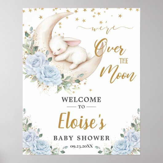 Blue Floral Bunny Rabbit Moon Baby Shower Welcome ポスター (正面)