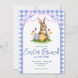 Blue Floral Bunny Watercolor Gingham Ribbon Easter 招待状