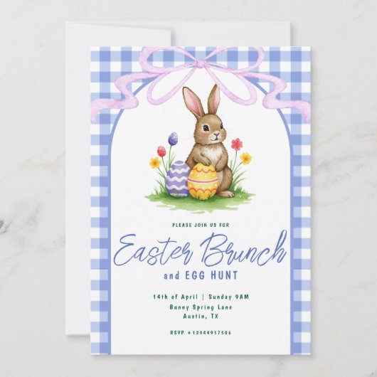 Blue Floral Bunny Watercolor Gingham Ribbon Easter 招待状 (正面)