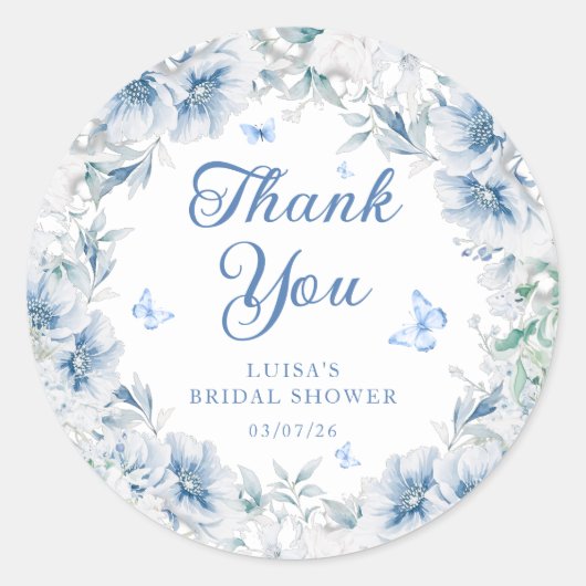 Blue Floral Butterfly Bridal Shower Thank You ラウンドシール (正面)